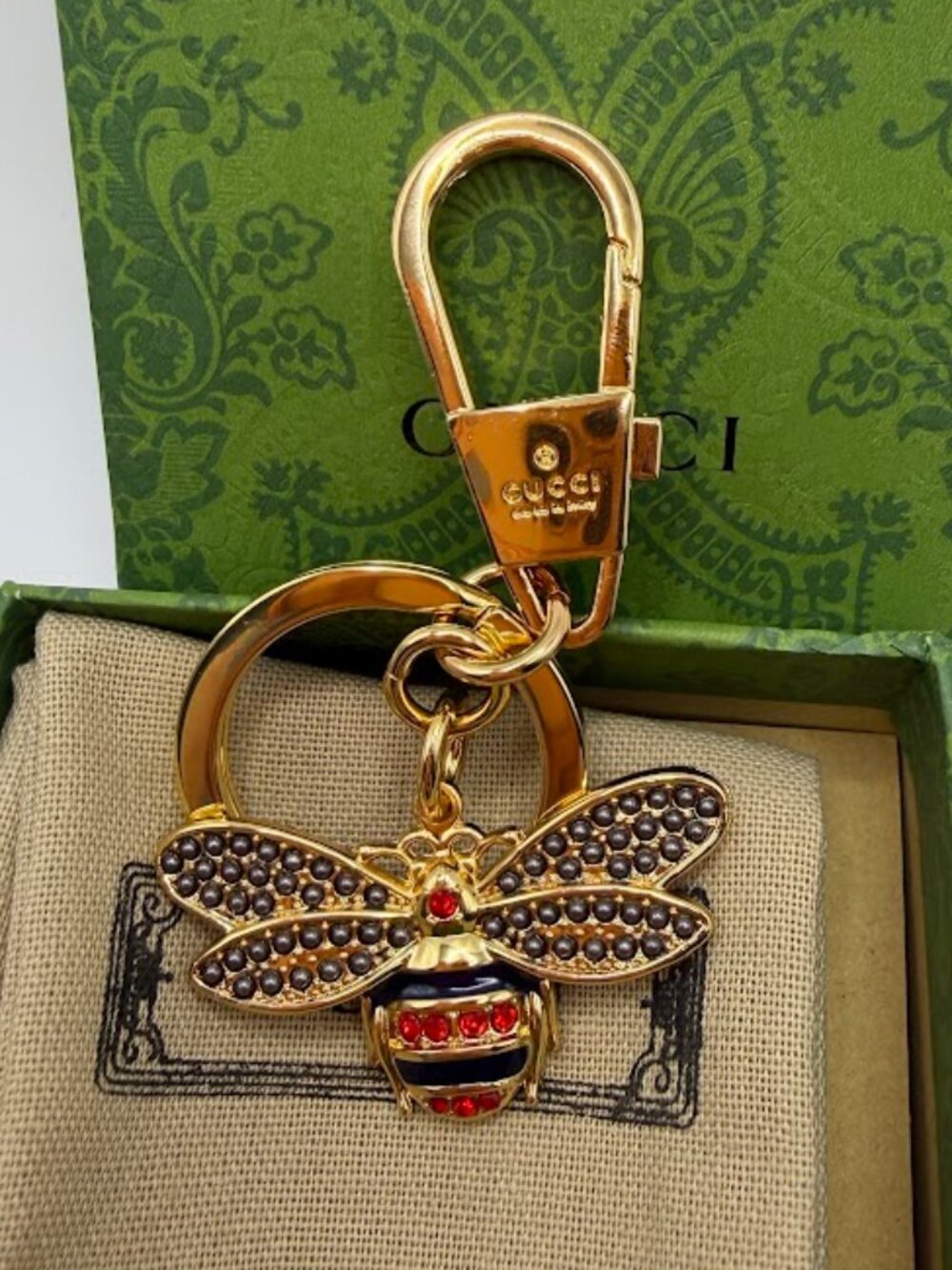 Designer Style Bee Keychain GG Gold Crystal Charm